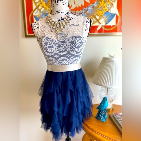 TEEZE ME LACE SHORT PARTY SOCIAL DRESS SIZE 1/2 Navy BLUE Tulle and LACE BODICE - Picture 1 of 6